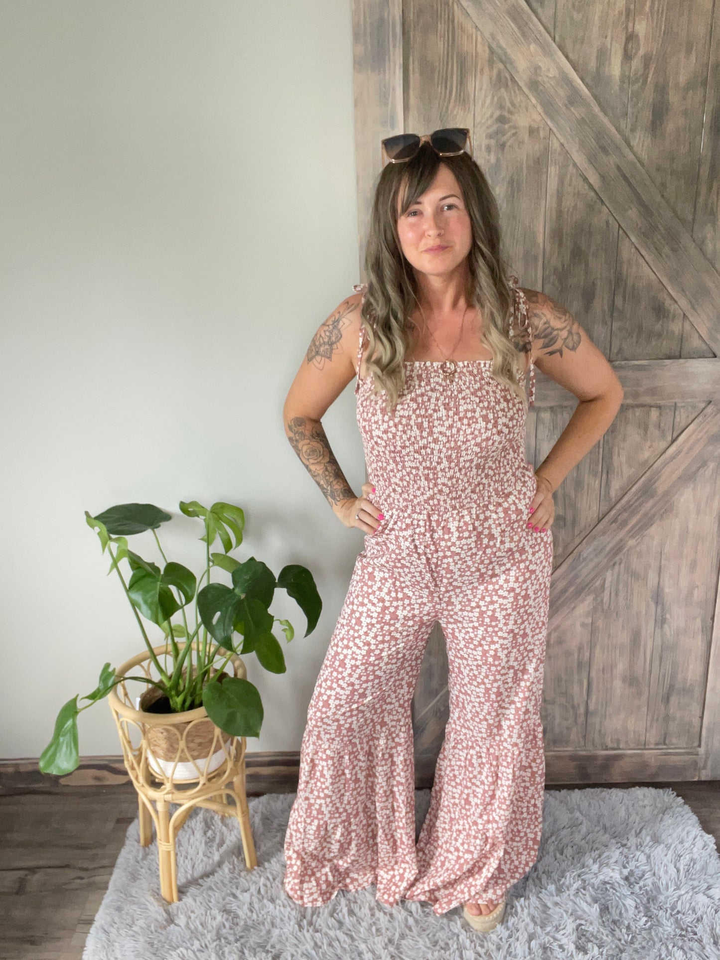 Floral Spaghetti Strap Smocked Wide Leg Jumpsuit